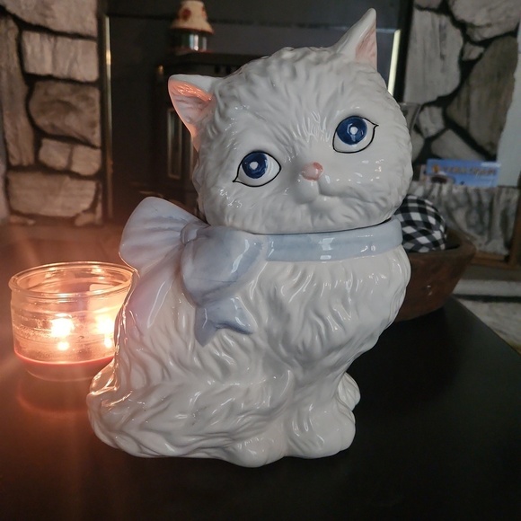 None Other - White Persian Cat With Blue Bow Cookie Jar, Pet Treat Jar Biscuit Barrel…